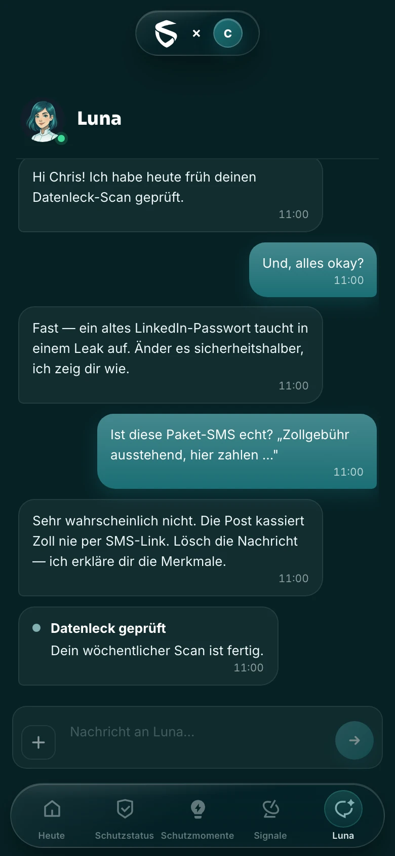 Luna-Ansicht: Chat mit der persönlichen Sicherheitsbegleiterin