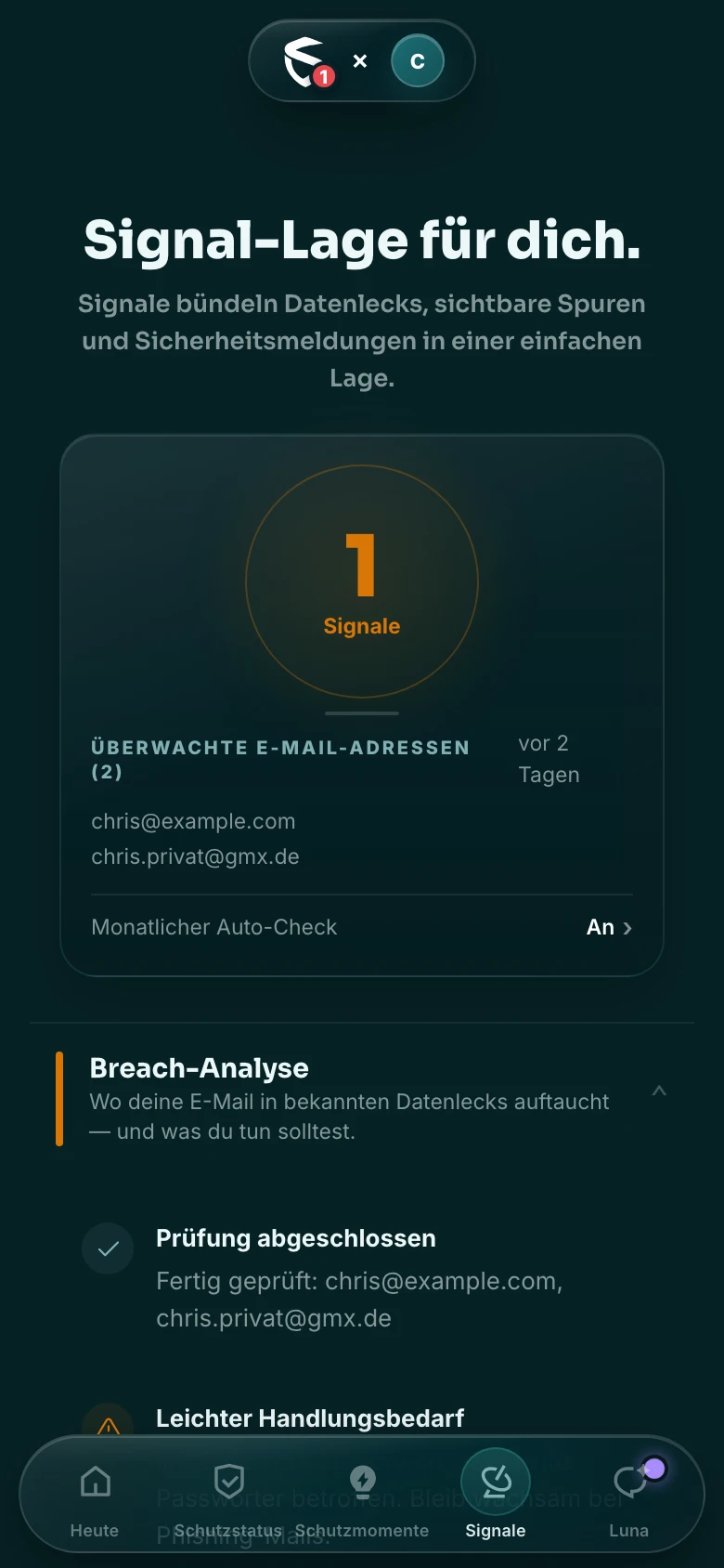 Signale-Ansicht: überwachte E-Mail-Adressen und Breach-Analyse